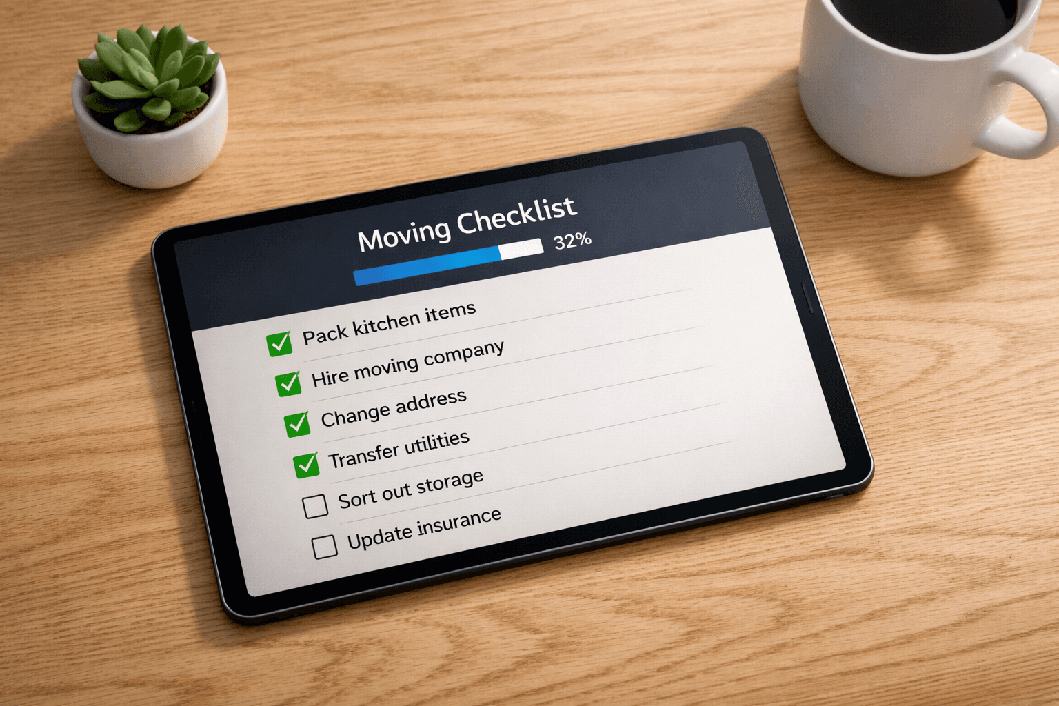 AddressGenie moving checklist app displayed on iPad sitting on modern desk